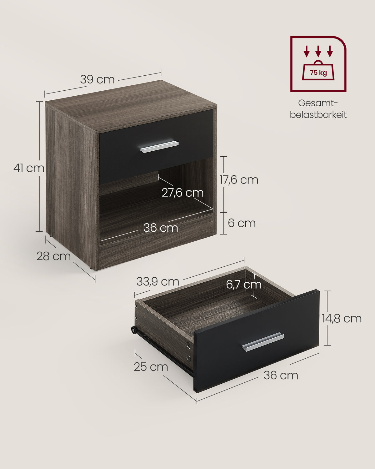 Nachtkastje met Lade en Open Vak, Bijzettafel voor Slaapkamer, 28 x 39 x 41 cm