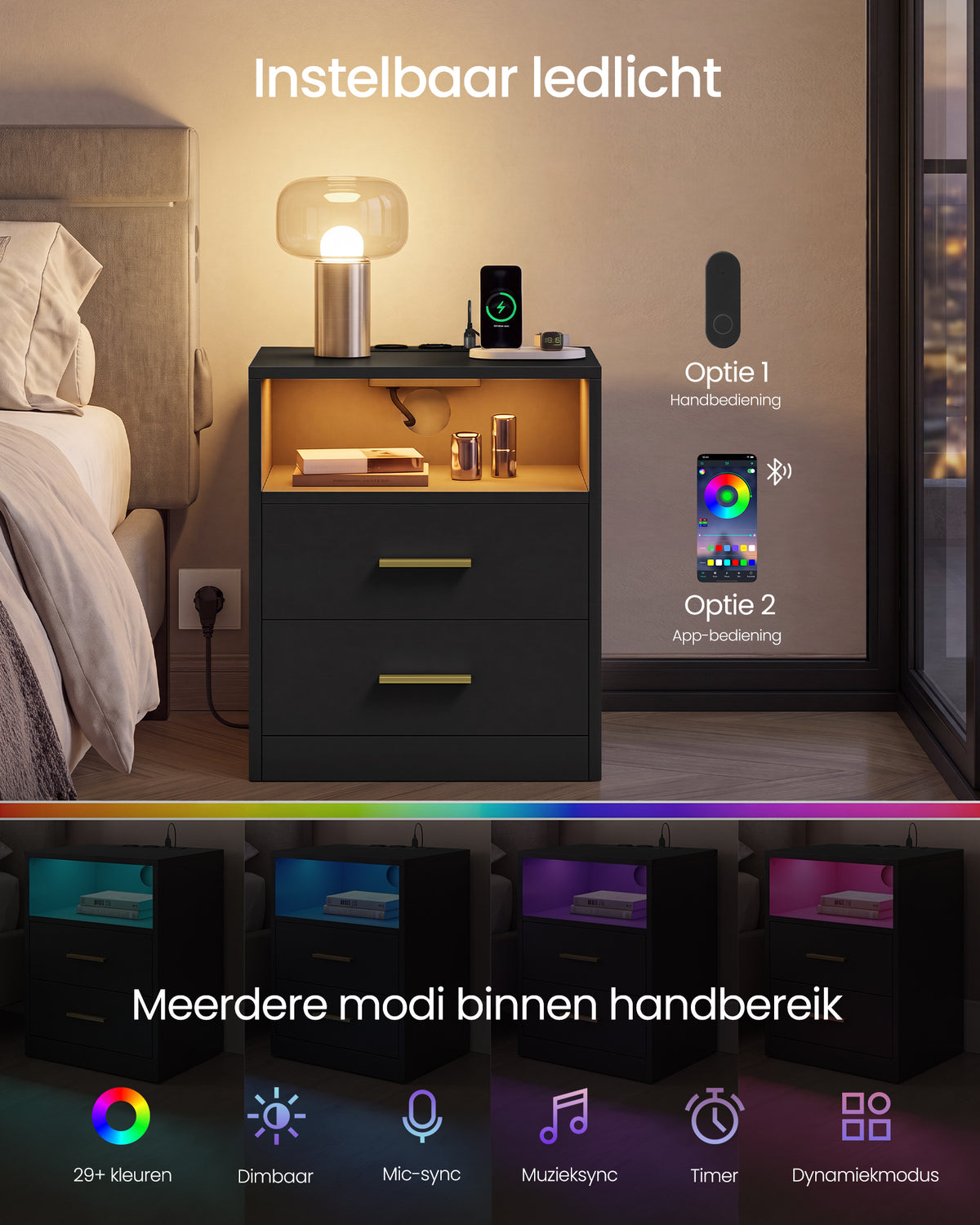 Nachtkastje met Stopcontacten, USB-poorten en Ledverlichting, 2 Lades en Open Vak, 30 x 40 x 50 cm