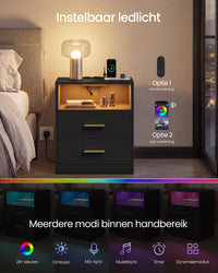 Nachtkastje met Stopcontacten, USB-poorten en Ledverlichting, 2 Lades en Open Vak, 30 x 40 x 50 cm