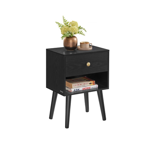 Nachtkastje met Lade, Open Plank en Houten Poten, 28 x 39 x 55 cm