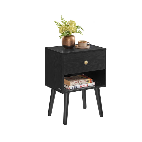 Nachtkastje met Lade, Open Plank en Houten Poten, 28 x 39 x 55 cm