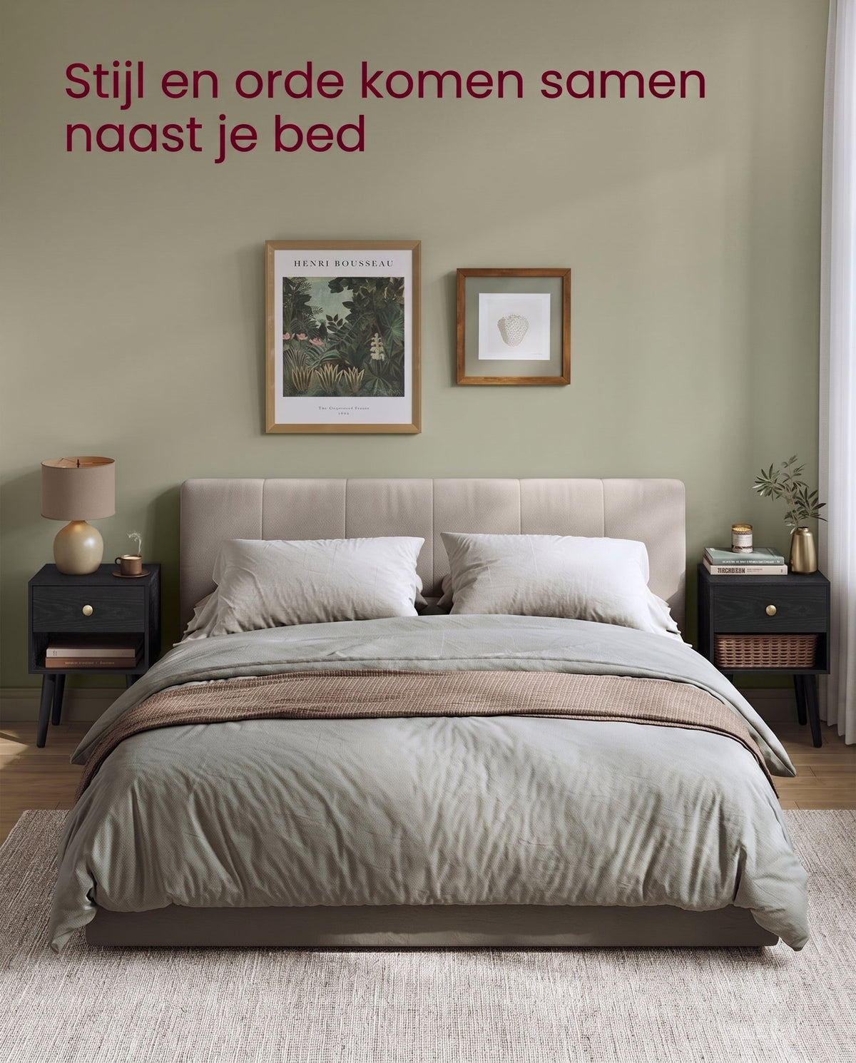 Nachtkastje met Lade, Open Plank en Houten Poten, 28 x 39 x 55 cm