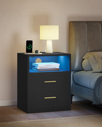 Nachtkastje met Stopcontacten, USB-poorten en Ledverlichting, 2 Lades en Open Vak, 30 x 40 x 50 cm