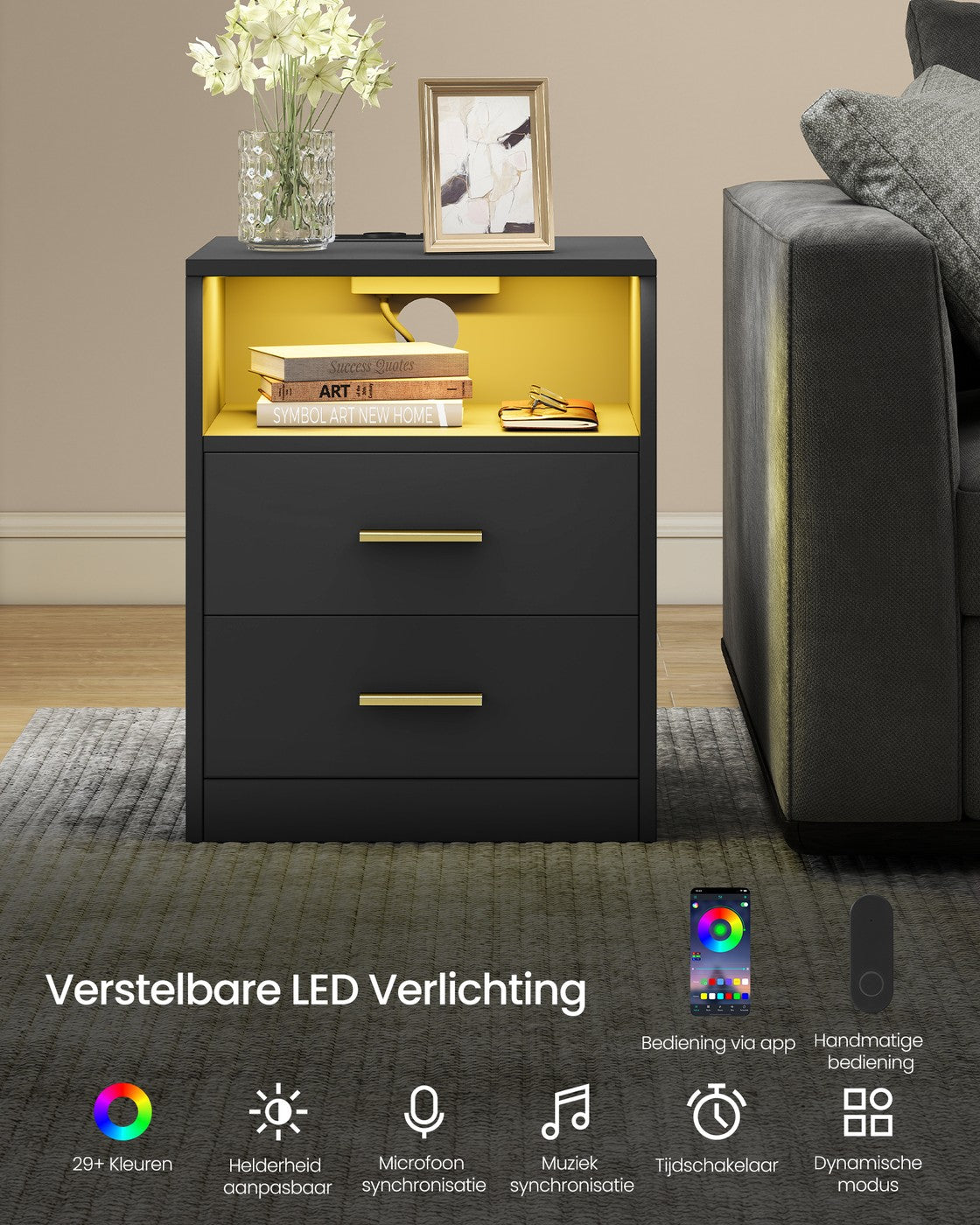 Nachtkastje met Stopcontacten, USB-poorten en Ledverlichting, 2 Lades en Open Vak, 30 x 40 x 50 cm