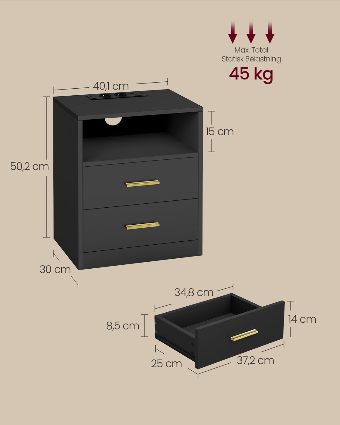 Nachtkastje met Stopcontacten, USB-poorten en Ledverlichting, 2 Lades en Open Vak, 30 x 40 x 50 cm
