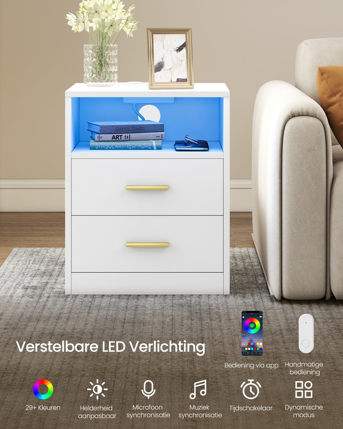 Nachtkastje met Stopcontacten, USB-poorten en Ledverlichting, 2 Lades en Open Vak, 30 x 40 x 50 cm
