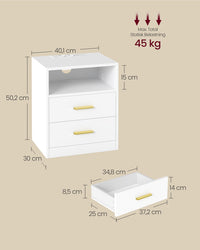 Nachtkastje met Stopcontacten, USB-poorten en Ledverlichting, 2 Lades en Open Vak, 30 x 40 x 50 cm