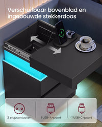 Nachtkastje Set van 2 met Laadstation en Ledverlichting, Schuifblad en 2 Lades, 35 x 40 x 55 cm