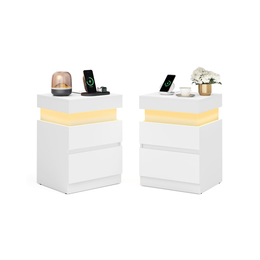 Nachtkastje Set van 2 met Laadstation en Ledverlichting, Schuifblad en 2 Lades, 35 x 40 x 55 cm