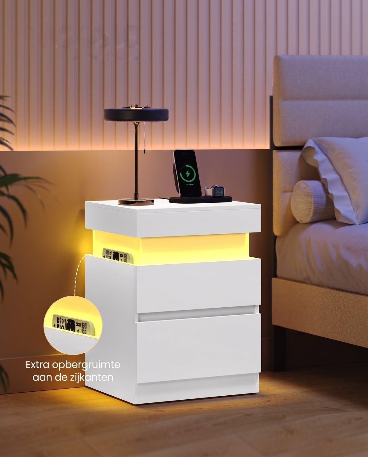 Nachtkastje Set van 2 met Laadstation en Ledverlichting, Schuifblad en 2 Lades, 35 x 40 x 55 cm