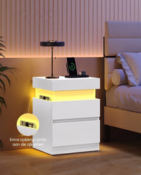 Nachtkastje Set van 2 met Laadstation en Ledverlichting, Schuifblad en 2 Lades, 35 x 40 x 55 cm