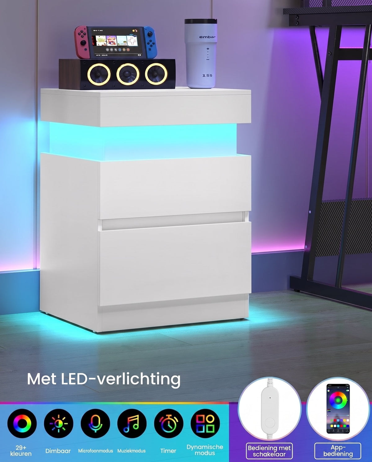 Nachtkastje Set van 2 met Laadstation en Ledverlichting, Schuifblad en 2 Lades, 35 x 40 x 55 cm