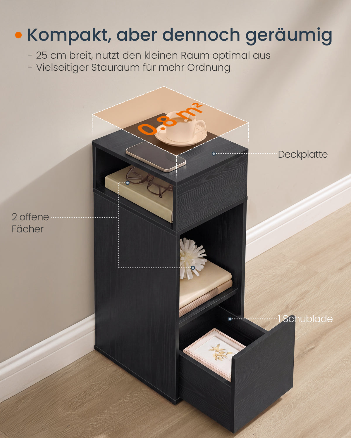Nachtkastje zonder Gereedschap met Lade en 2 Open Vakken, 30 x 25 x 59,4 cm