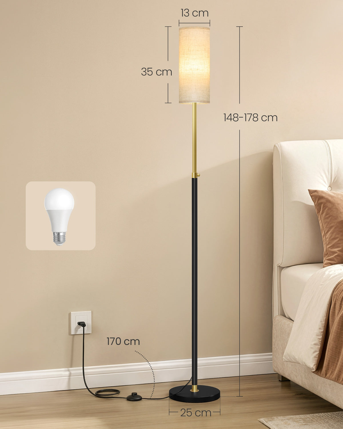 LED Vloerlamp met Linnen Kap en 3 Kleurtemperaturen