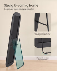 Staande Passpiegel met Afgeronde Hoeken en Aluminium Frame, 160 x 50 cm