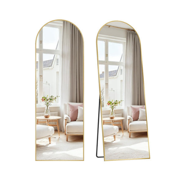 Staande Passpiegel met Gebogen Aluminium Frame en Gehard Glas
