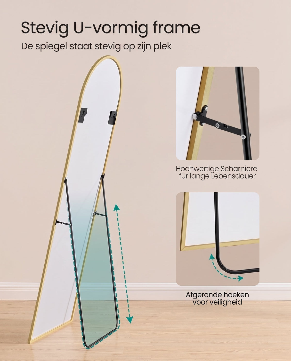 Staande Passpiegel met Gebogen Aluminium Frame en Gehard Glas