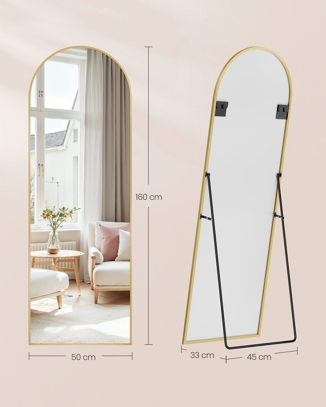 Staande Passpiegel met Gebogen Aluminium Frame en Gehard Glas