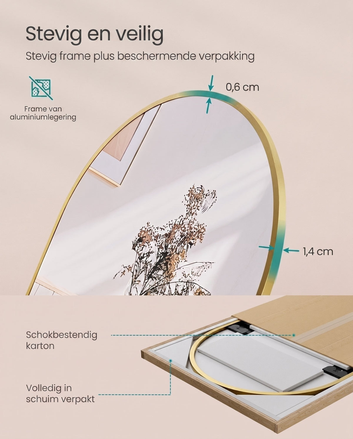 Staande Passpiegel met Gebogen Aluminium Frame en Gehard Glas