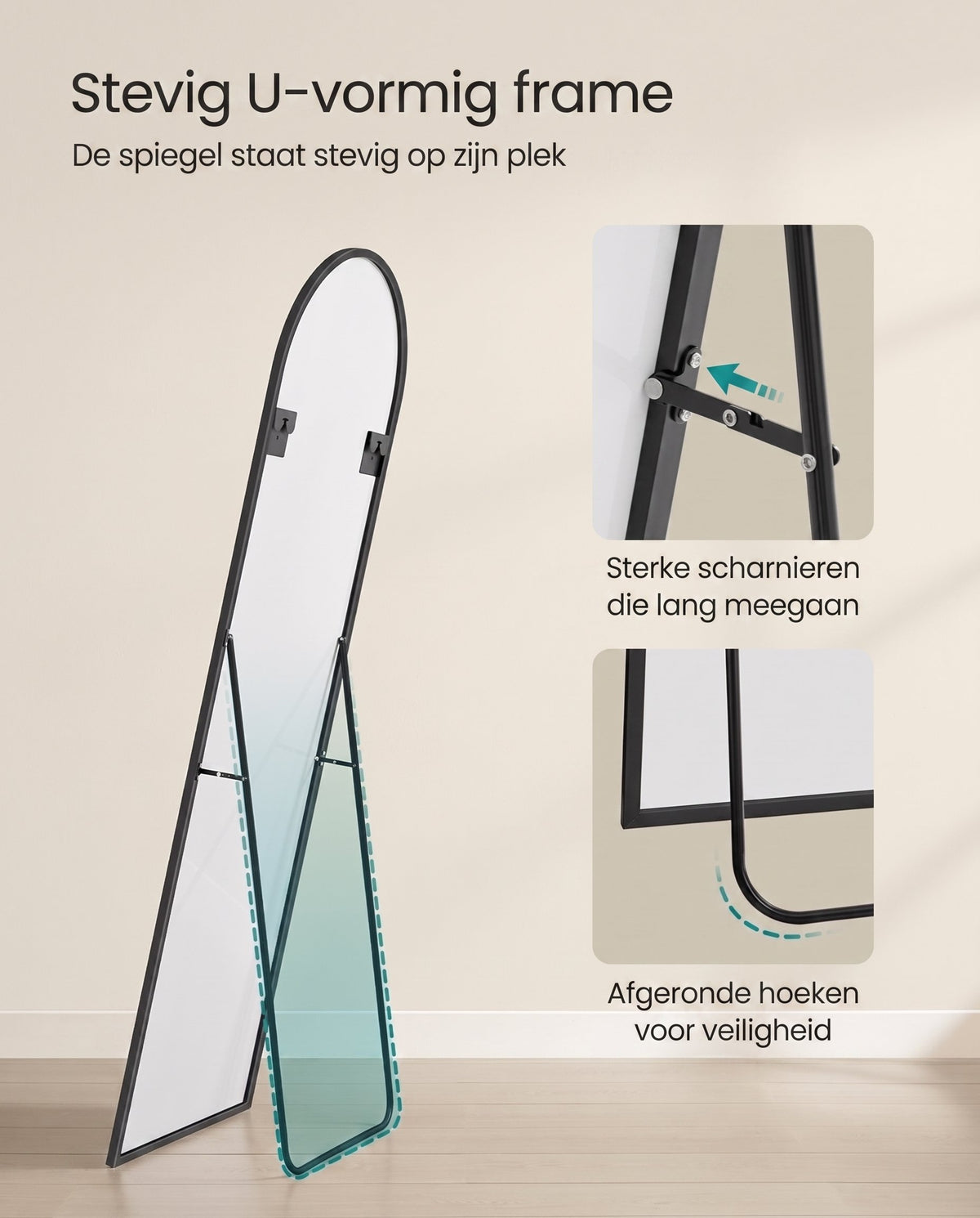 Staande Passpiegel met Gebogen Aluminium Frame en Gehard Glas