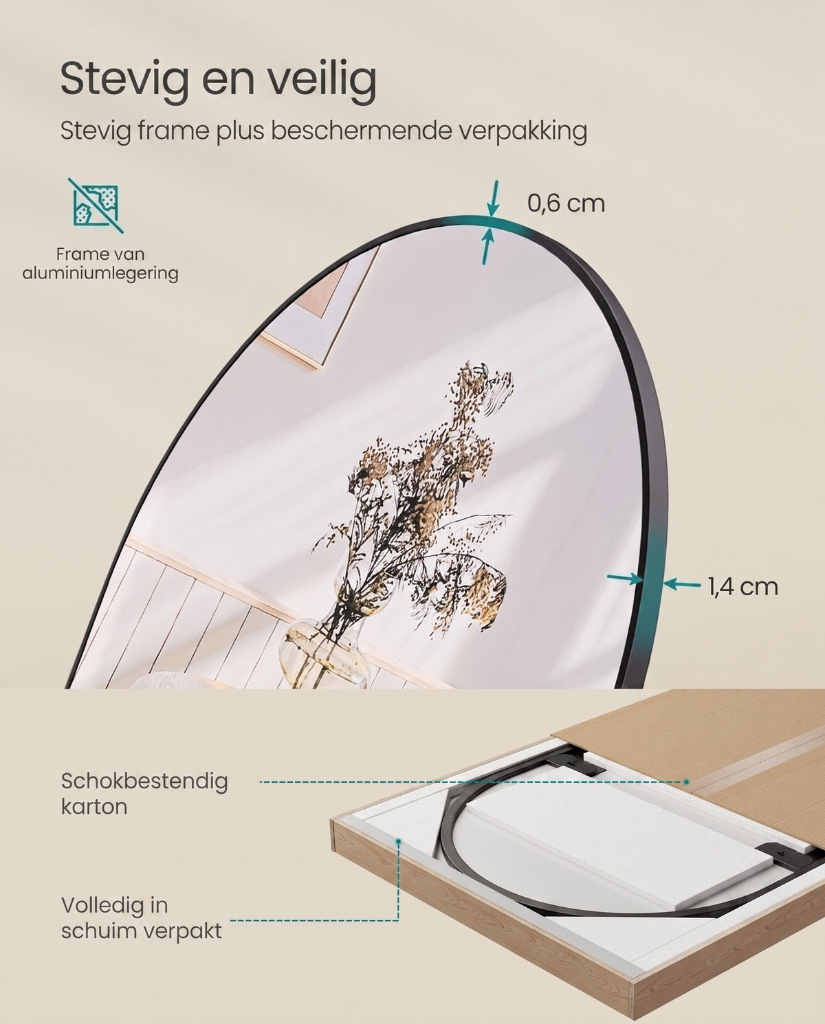 Staande Passpiegel met Gebogen Aluminium Frame en Gehard Glas