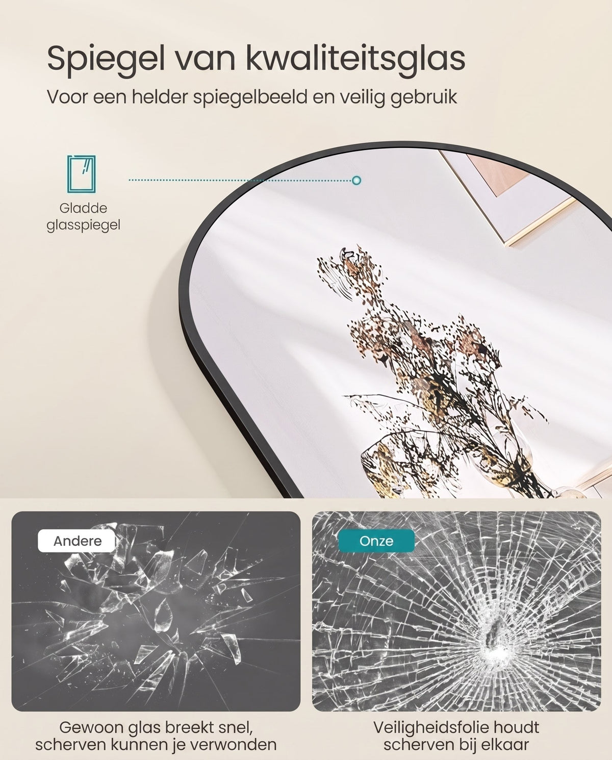 Staande Passpiegel met Gebogen Aluminium Frame en Gehard Glas