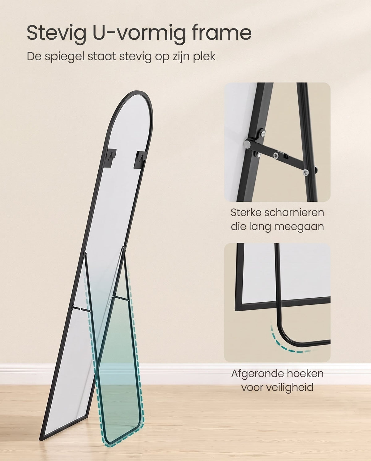 Staande Passpiegel met Gebogen Aluminium Frame en Gehard Glas