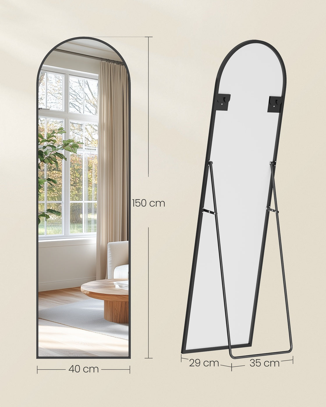 Staande Passpiegel met Gebogen Aluminium Frame en Gehard Glas
