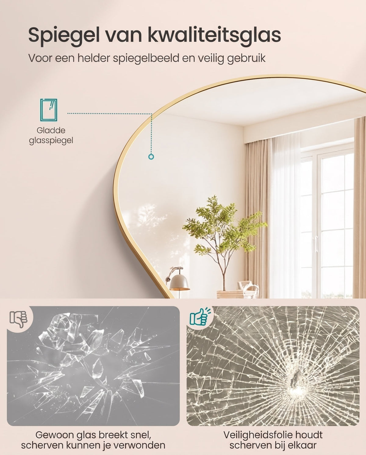 Staande Passpiegel met Gebogen Aluminium Frame en Gehard Glas