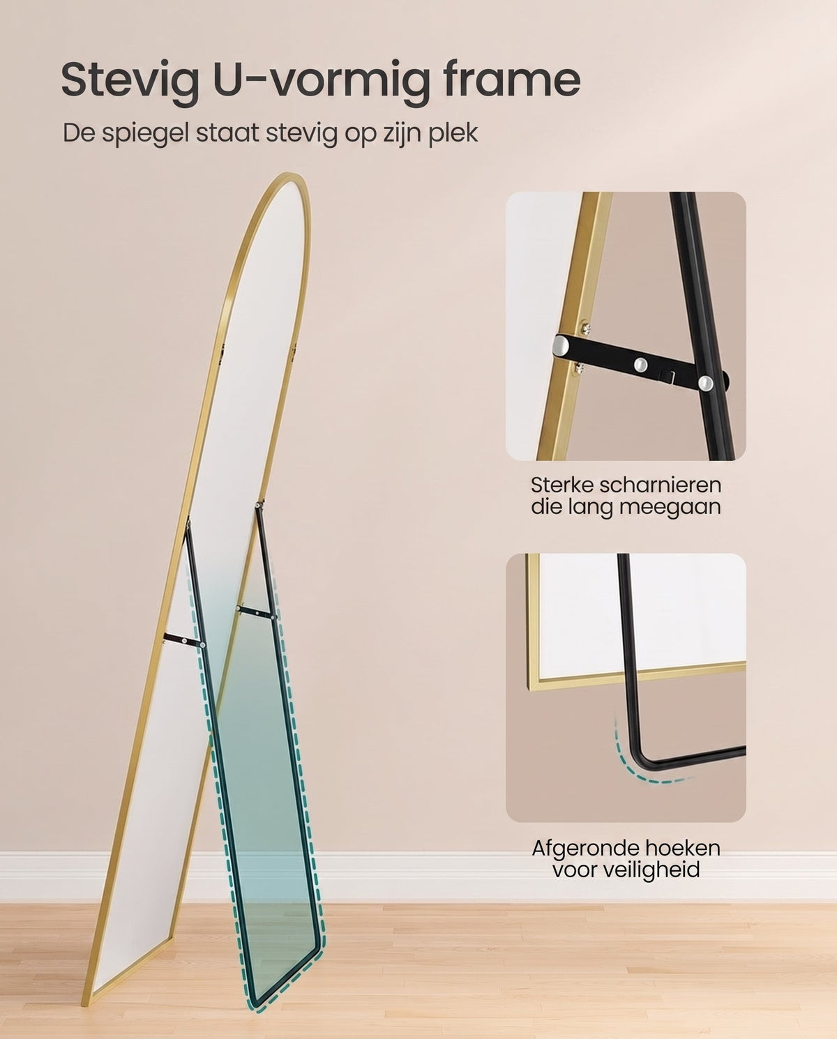 Staande Passpiegel met Gebogen Aluminium Frame en Gehard Glas