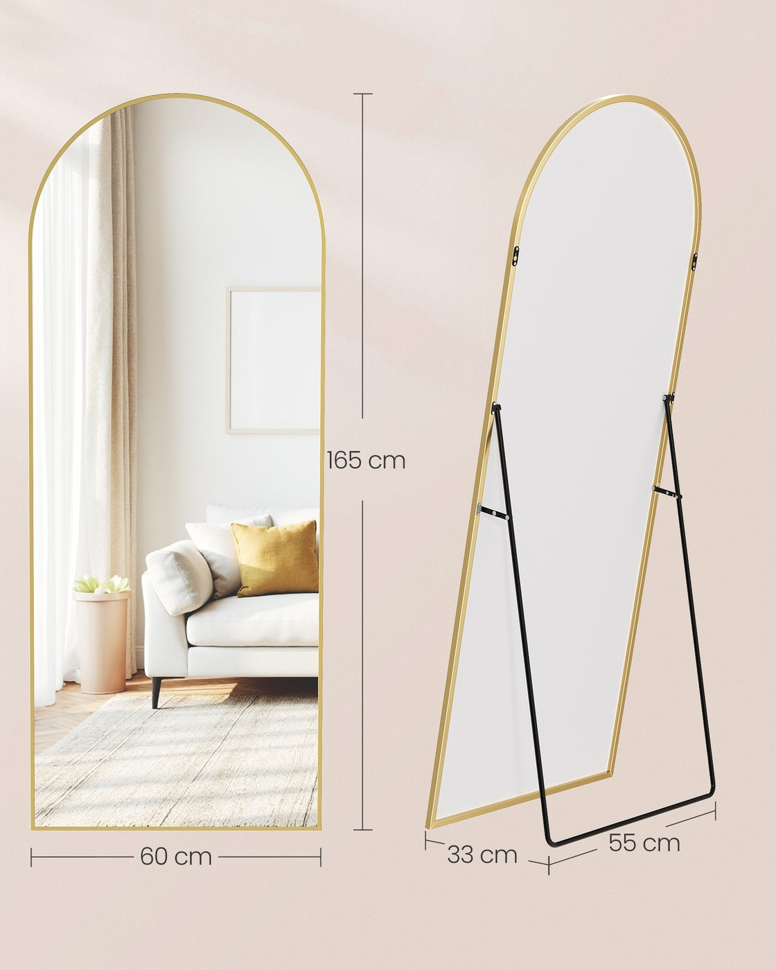 Staande Passpiegel met Gebogen Aluminium Frame en Gehard Glas