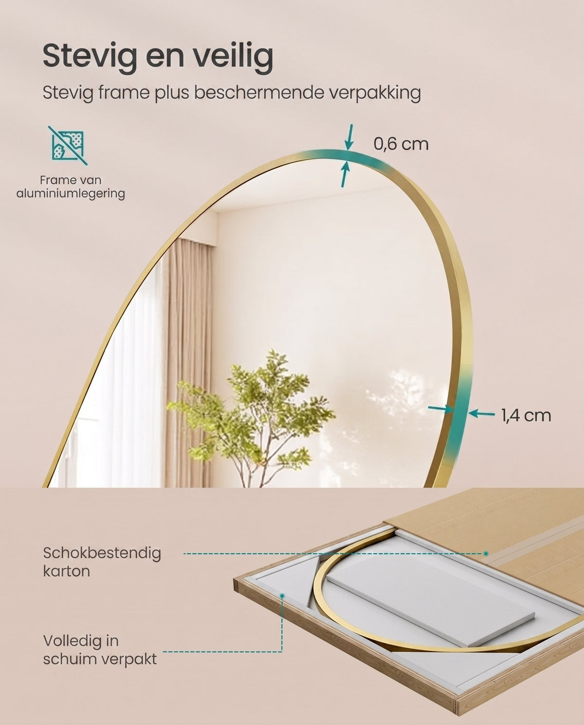 Staande Passpiegel met Gebogen Aluminium Frame en Gehard Glas
