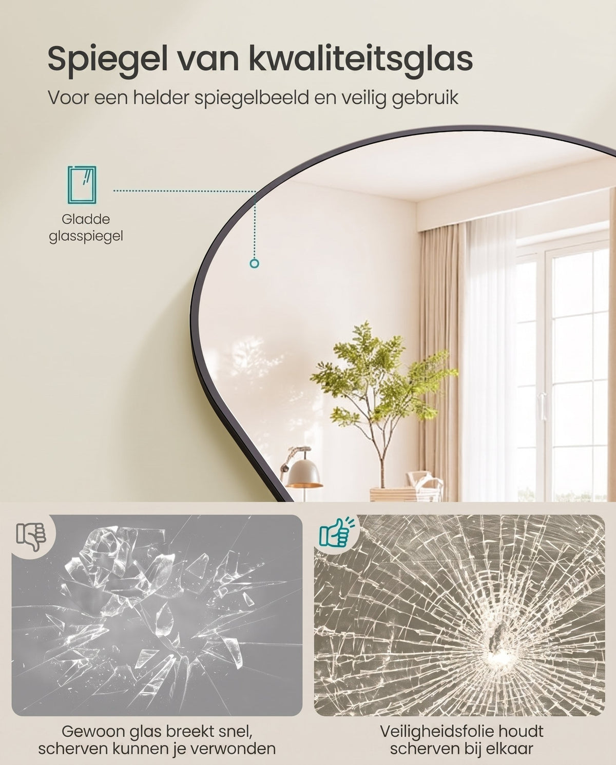 Staande Passpiegel met Gebogen Aluminium Frame en Gehard Glas