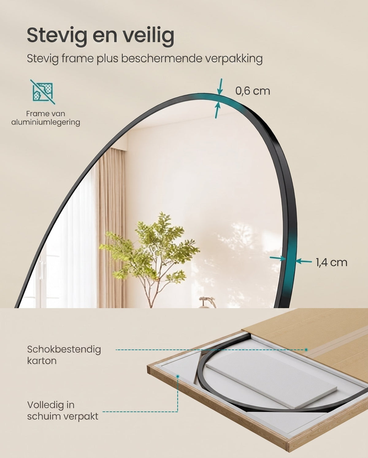 Staande Passpiegel met Gebogen Aluminium Frame en Gehard Glas
