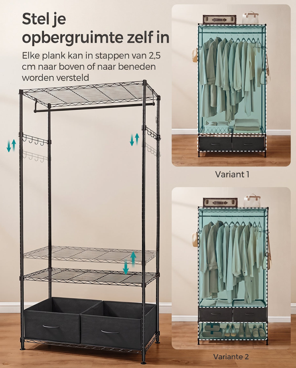 Open Kledingrek met 2 Lades, 2 Planken en 8 Haken, 40 x 90 x 180 cm