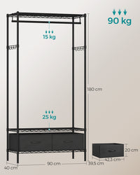 Open Kledingrek met 2 Lades, 2 Planken en 8 Haken, 40 x 90 x 180 cm