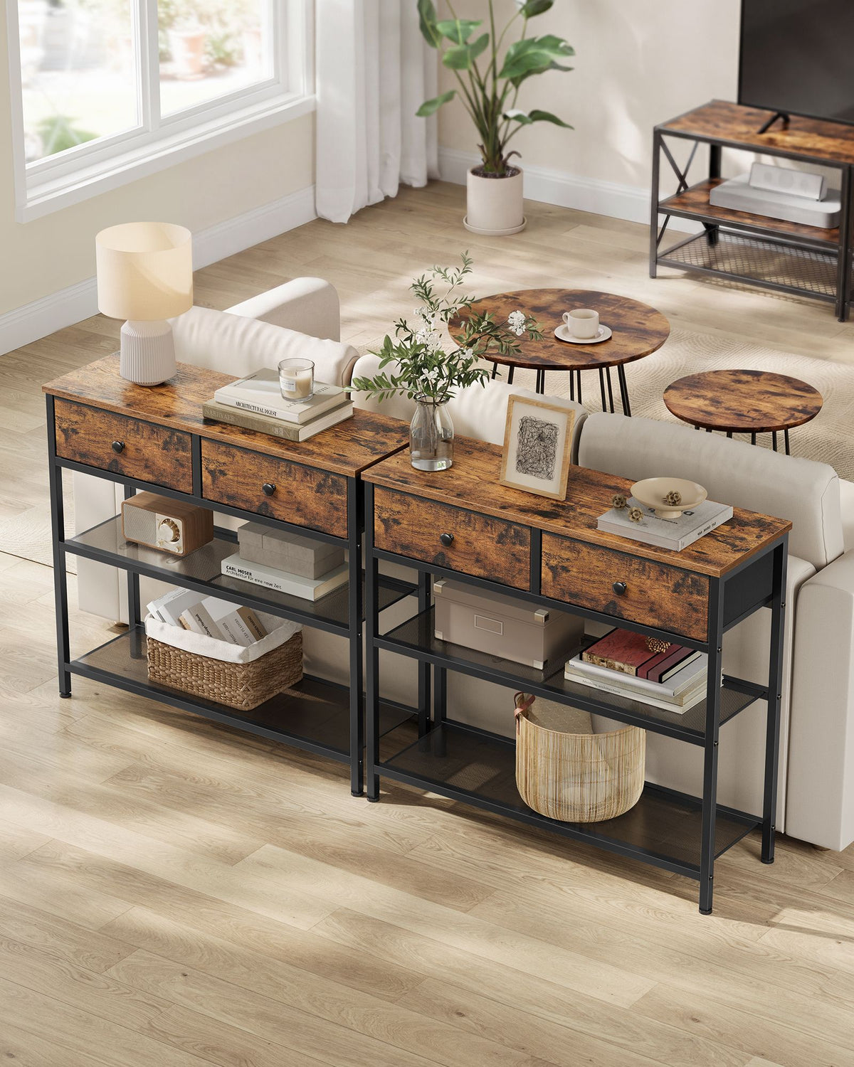 Consoletafel met 2 Stoffen Lades en 2 Roosterschappen, Vintagebruin