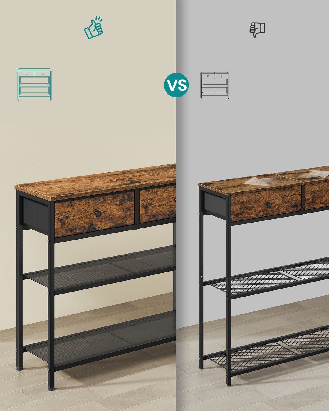 Consoletafel met 3 Stoffen Lades en 2 Roosterplanken, 98,8 cm