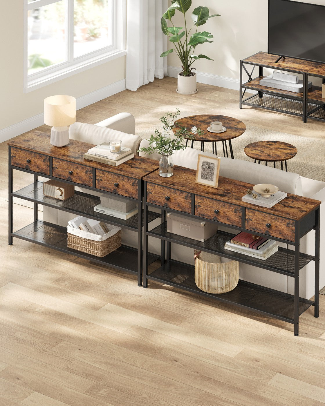 Consoletafel met 3 Stoffen Lades en 2 Roosterplanken, 98,8 cm