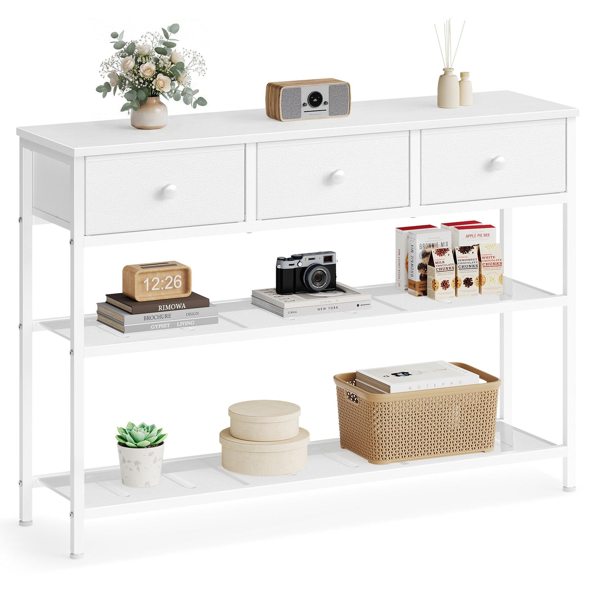 Consoletafel met 3 Stoffen Lades en 2 Roosterplanken, 98,8 cm