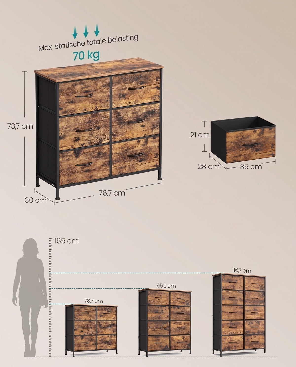 Ladekast met 6 Stoffen Lades in Industriële Stijl, 30 x 76,7 x 73,7 cm