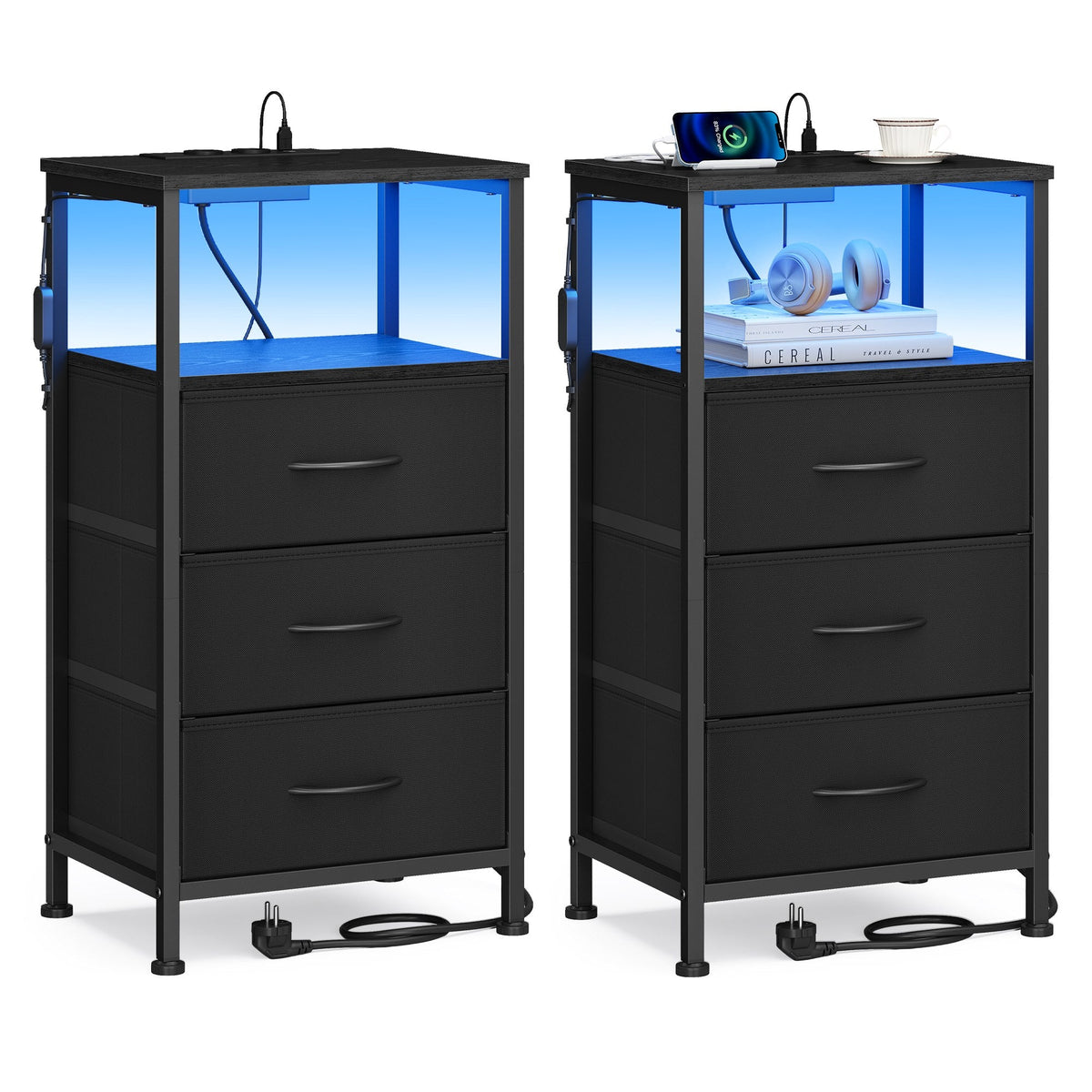 Nachtkastjes Set van 2 met Stopcontact en LED-verlichting