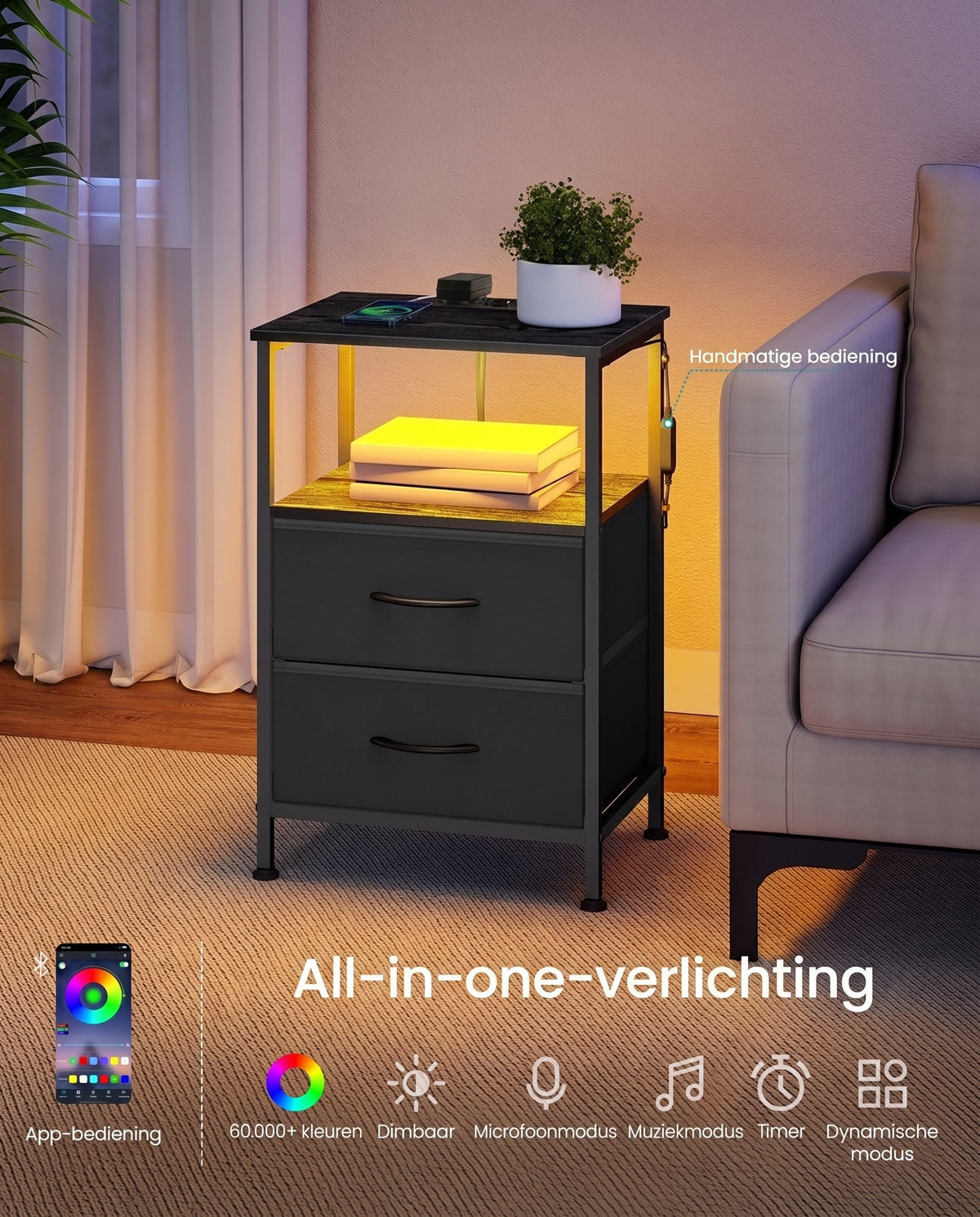 Nachtkastje met Laadstation en App-bestuurde Ledverlichting, 2 Stoffen Lades en Open Vak, 60 cm Hoog