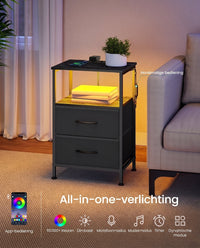Nachtkastje met Laadstation en App-bestuurde Ledverlichting, 2 Stoffen Lades en Open Vak, 60 cm Hoog
