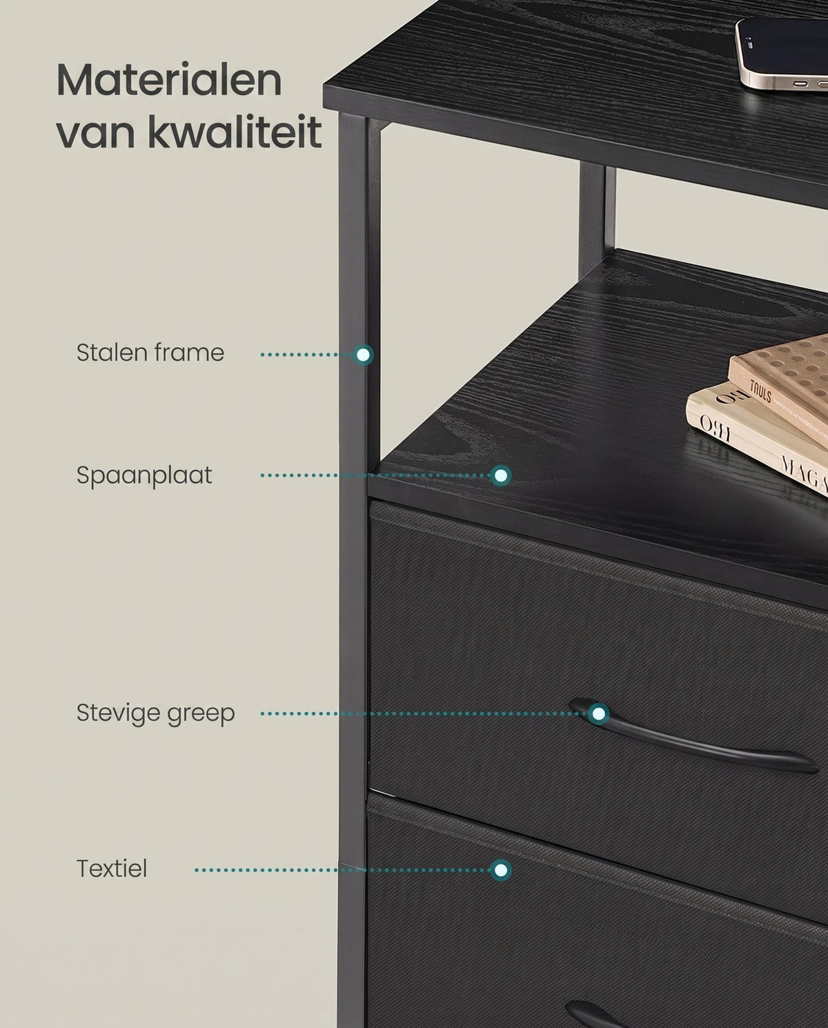 Nachtkastje met Laadstation en App-bestuurde Ledverlichting, 2 Stoffen Lades en Open Vak, 60 cm Hoog