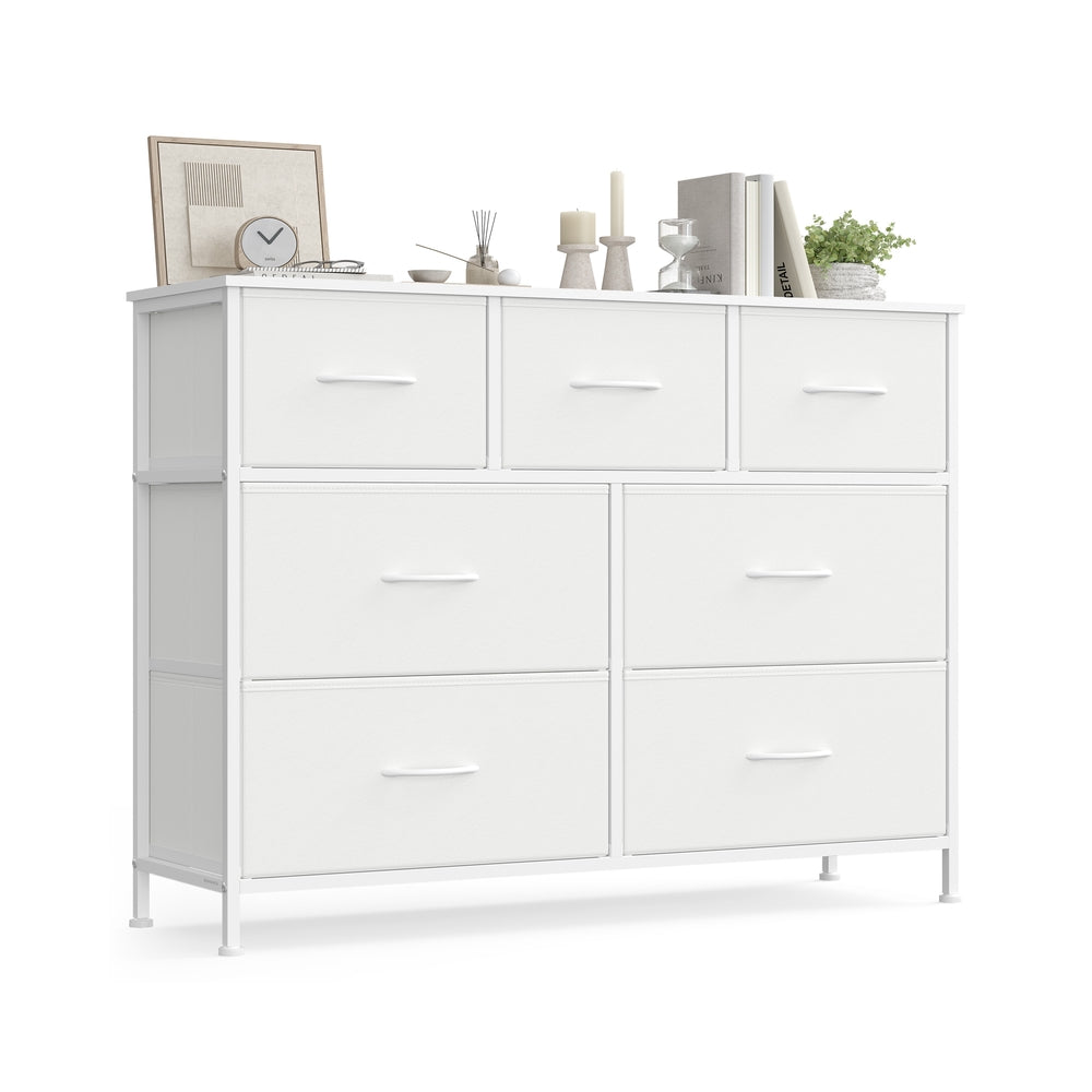 Ladekast met 7 Stoffen Lades en Stalen Frame, Sneeuwwit, 30 x 98,8 x 73,7 cm