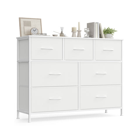 Ladekast met 7 Stoffen Lades en Stalen Frame, Sneeuwwit, 30 x 98,8 x 73,7 cm