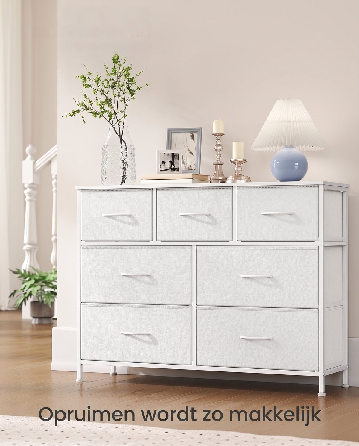 Ladekast met 7 Stoffen Lades en Stalen Frame, Sneeuwwit, 30 x 98,8 x 73,7 cm