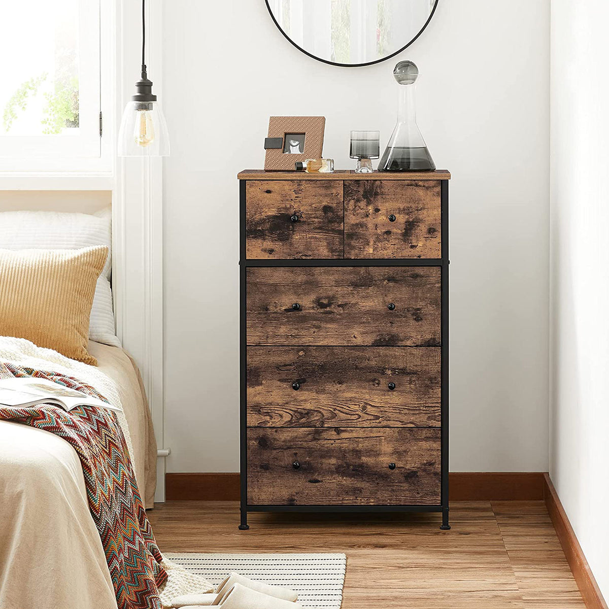 Ladekast met 5 Stoffen Lades en MDF-fronten, Vintagebruin, 56 x 30 x 93 cm