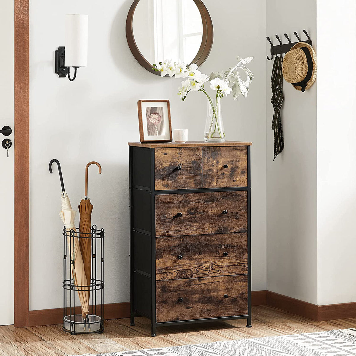 Ladekast met 5 Stoffen Lades en MDF-fronten, Vintagebruin, 56 x 30 x 93 cm